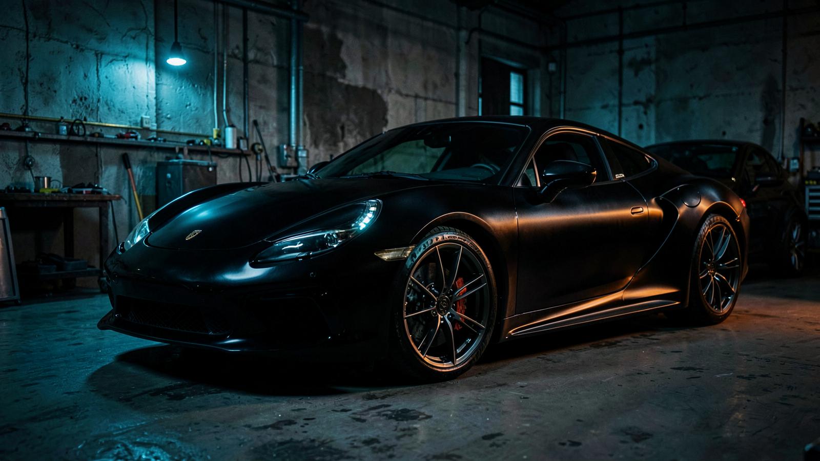 Black sports car being wrapped inside the KNM Auto Care garage